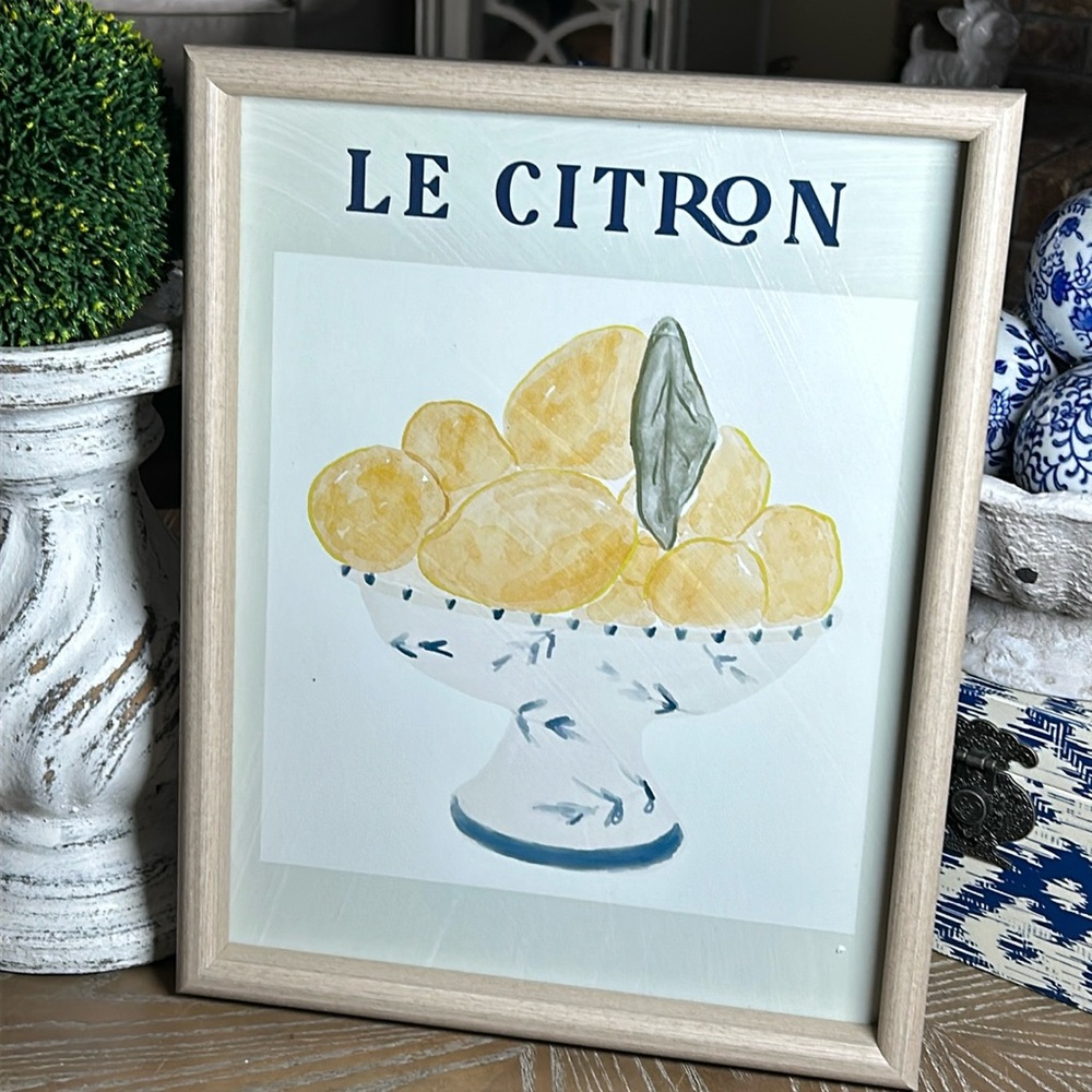 NEW! Shabby Chic Cottage Farmhouse Lemon & Chinoiserie Bowl Wood Framed Sign